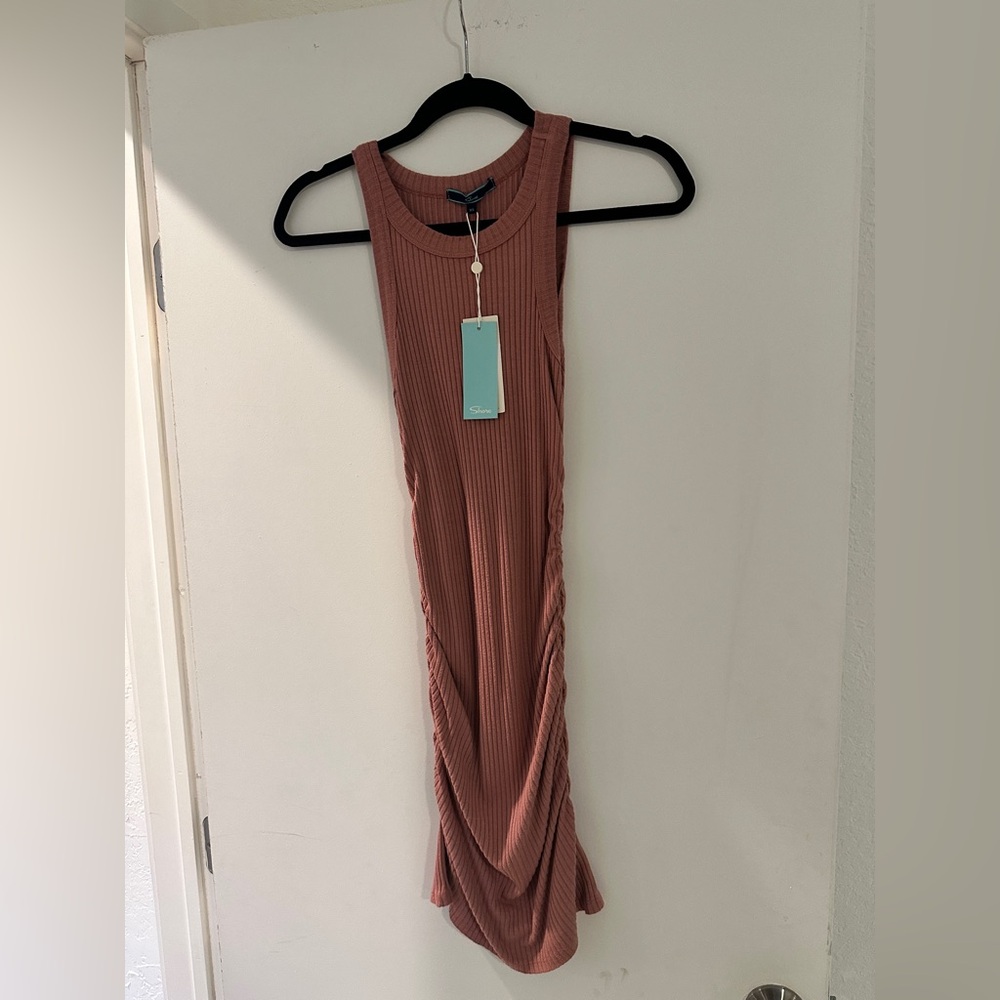 Shore Mauve Ribbed Ruched High Neck Midi Tank Dress XS NWT